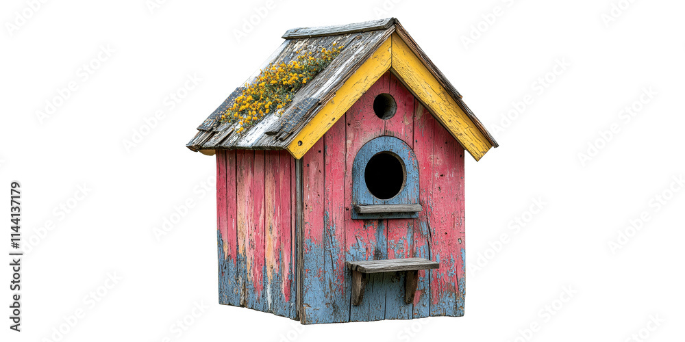 Rustic red and blue birdhouse with yellow roof isolated on transparent background Rustic red and blue birdhouse with yellow roof isolated on transparent background