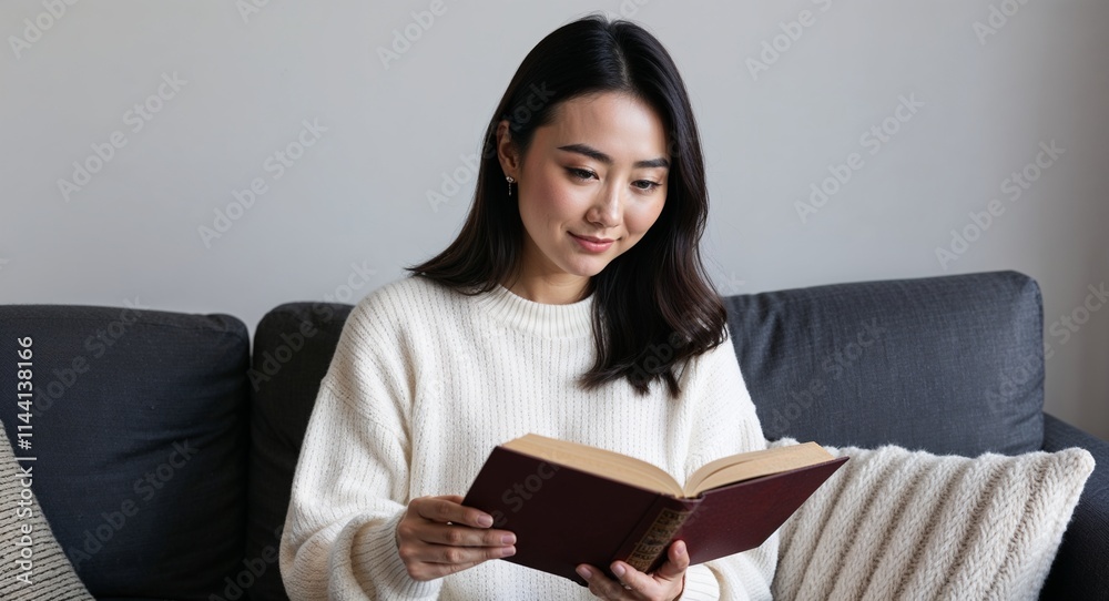 Asian young woman reading book on sofa wearing white sweater Asian young woman reading book on sofa wearing white sweater
