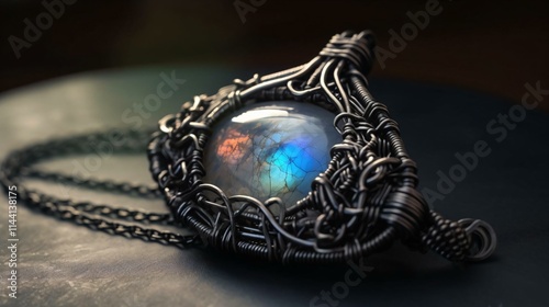 Handcrafted wirewrapped jewelry piece featuring an opal iridescent glow set against rustic wooden surface photo