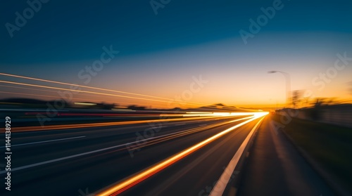 Scenic highway road vibrant yellow light trails long exposure on warm landscape at sunset, bright luminous tranquil motion speed, blur serene stunning natural energy