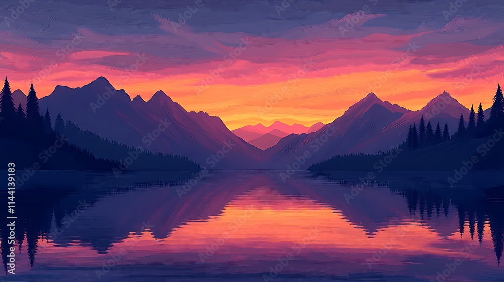 Fototapeta premium A serene sunset over a mountain lake, with the vibrant colors of the sky reflected perfectly in the calm water. The silhouettes of jagged mountain peaks rise dramatically in the background, 