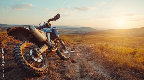 Blue Dirt Bike Parked on a Trail at Sunset, Countryside Adventure, Off-Road Motorcycle.