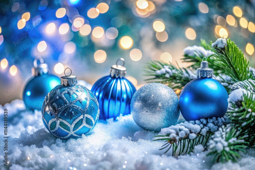 Shimmering blue and silver ornaments adorn a snow-laden Christmas tree, captured in a long-exposure festive photograph. Shimmering blue and silver ornaments adorn a snow-laden Christmas tree, captured in a long-exposure festive photograph.