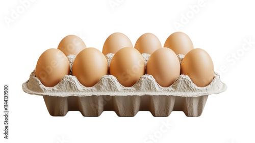 A carton of brown eggs displayed on a white background ready for culinary preparation or grocery shopping purposes.