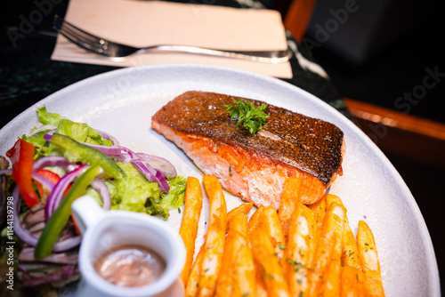 salmon and fries