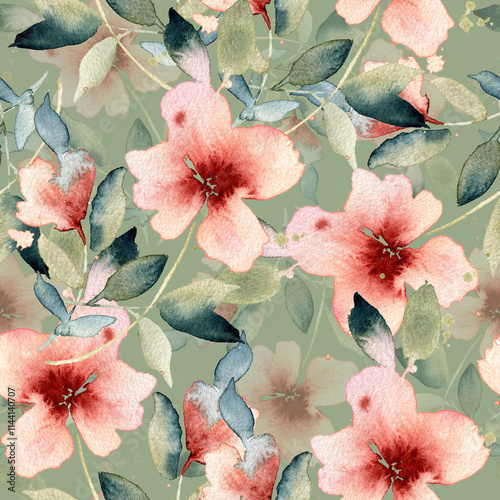 Watercolor abstract pink flowers seamless pattern with leaves. Gentle floral illustration in an intuitive style. For postcards, invitations and printing products