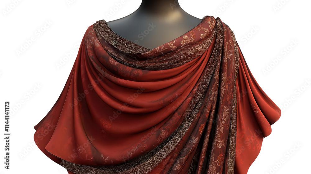 Elegant draped fabric in rich red tones displayed against a neutral background with intricate patterns highlighting its texture and design. Elegant draped fabric in rich red tones displayed against a neutral background with intricate patterns highlighting its texture and design.