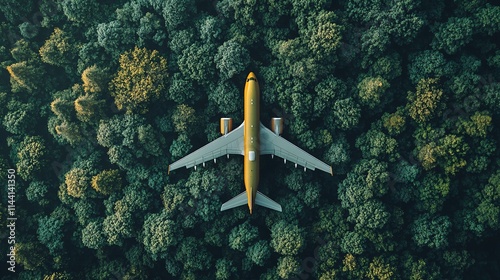 Sustainable aviation: a green plane flying high against a backdrop of lush trees, representing eco-friendly air transport and nature conservation.