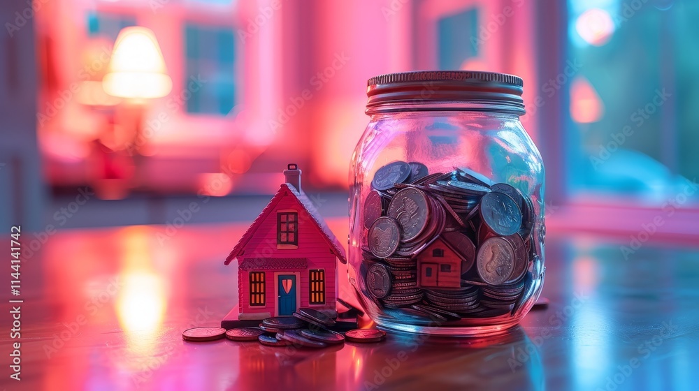 Glass jar filled with coins and a miniature house model on a table, representing home savings. Glass jar filled with coins and a miniature house model on a table, representing home savings.