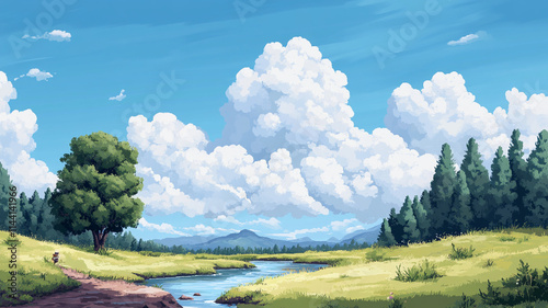 Pixel art 8-bit landscape of a vibrant forest, trees in bright green, blue sky and clouds.