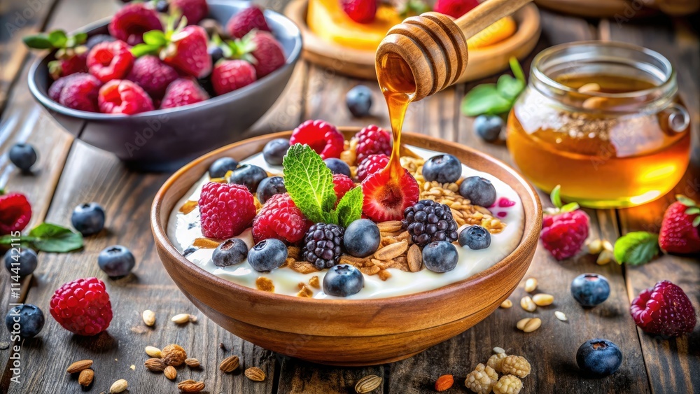 Dreamy long exposure captures honey-drizzled Greek yogurt, vibrant berries, and crunchy granola.