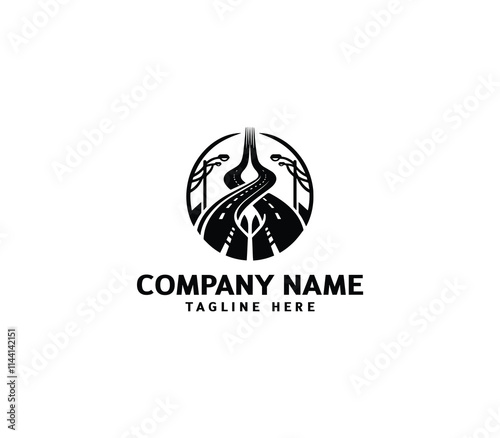 Vector road logo design. Curving tarred road and highway. Outside tree, mountain, building, sun logo