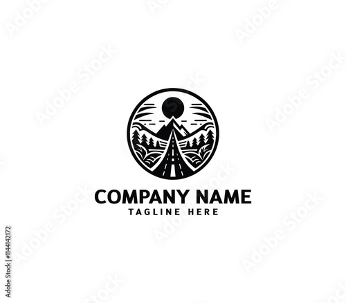 Vector road logo design. Curving tarred road and highway. Outside tree, mountain, building, sun logo
