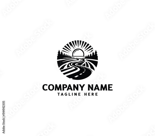 Vector road logo design. Curving tarred road and highway. Outside tree, mountain, building, sun logo