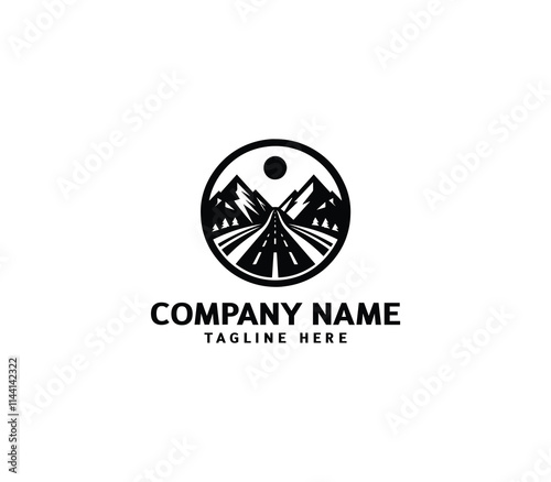 Vector road logo design. Curving tarred road and highway. Outside tree, mountain, building, sun logo