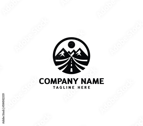 Vector road logo design. Curving tarred road and highway. Outside tree, mountain, building, sun logo