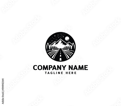 Vector road logo design. Curving tarred road and highway. Outside tree, mountain, building, sun logo