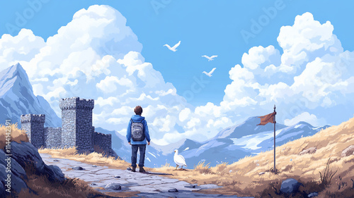 8-bit pixel art medieval castle landscape, rolling hills, stone walls, flags waving, pixelated knight walking toward the castle gate.
