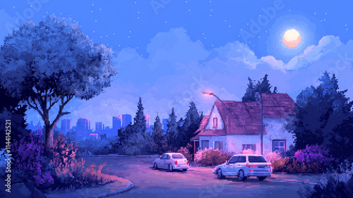 8-bit pixel art cityscape with cars driving down the street, simple retro video game world.