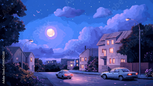 8-bit pixel art cityscape with cars driving down the street, simple retro video game world.