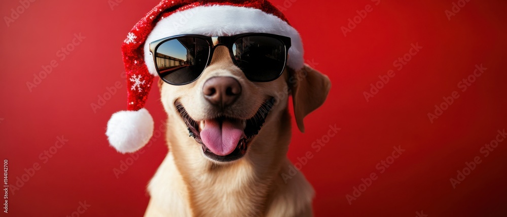 Happy Labrador Dog Wearing Santa Hat and Sunglasses for Christmas Happy Labrador Dog Wearing Santa Hat and Sunglasses for Christmas