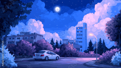 8-bit pixel art cityscape with cars driving down the street, simple retro video game world.