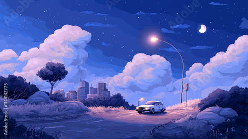 8-bit pixel art cityscape with cars driving down the street, simple retro video game world.