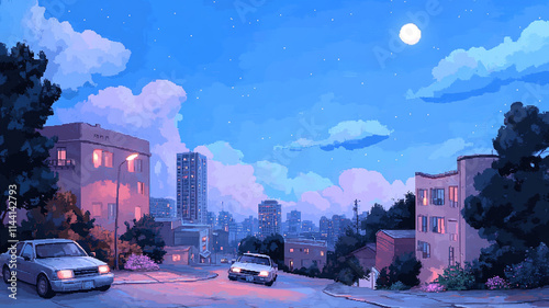 8-bit pixel art cityscape with cars driving down the street, simple retro video game world.