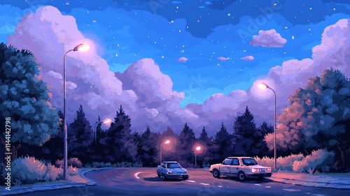 8-bit pixel art cityscape with cars driving down the street, simple retro video game world.