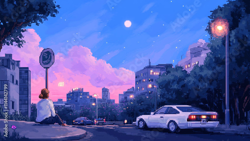 8-bit pixel art cityscape with cars driving down the street, simple retro video game world.