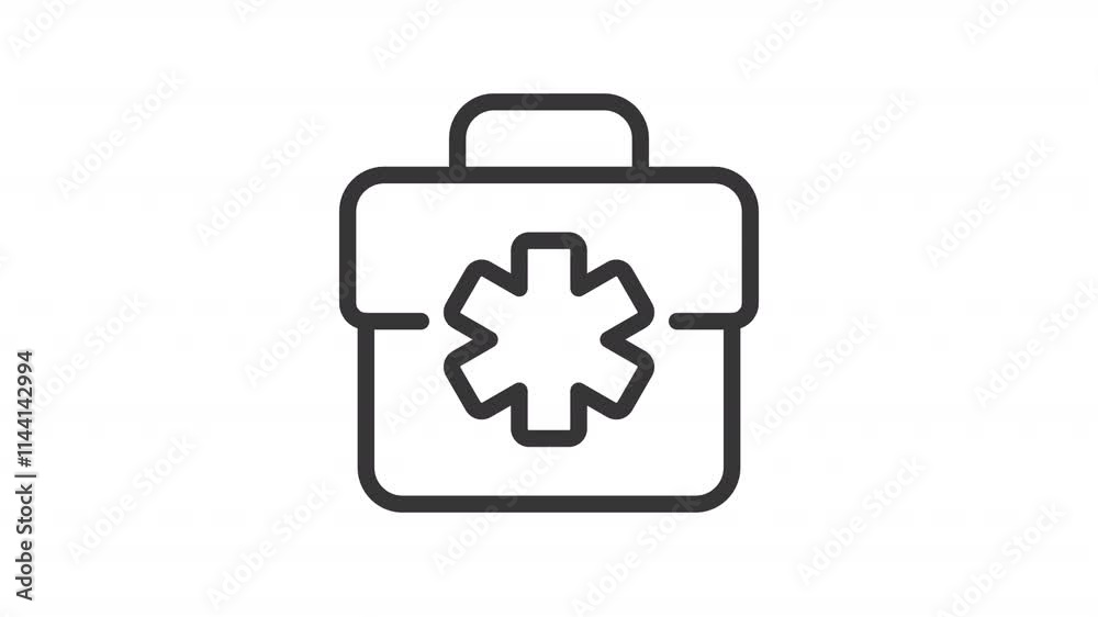 Medical briefcase line animation. First aid animated icon. Floating bag. Ems equipment. Service, assistance. Black illustration on white background. HD video with alpha channel. Motion graphic Medical briefcase line animation. First aid animated icon. Floating bag. Ems equipment. Service, assistance. Black illustration on white background. HD video with alpha channel. Motion graphic