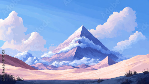 8-bit pixel art desert landscape at sunset, retro video game atmosphere with blocky, vibrant colors