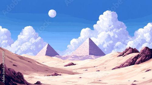 8-bit pixel art desert landscape at sunset, retro video game atmosphere with blocky, vibrant colors