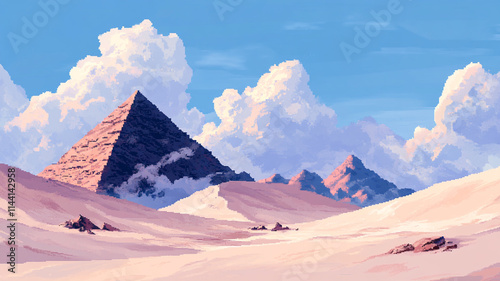 8-bit pixel art desert landscape at sunset, retro video game atmosphere with blocky, vibrant colors