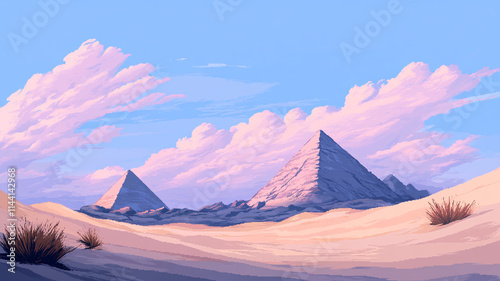 8-bit pixel art desert landscape at sunset, retro video game atmosphere with blocky, vibrant colors