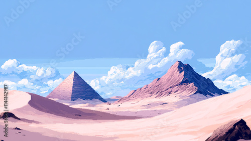 8-bit pixel art desert landscape at sunset, retro video game atmosphere with blocky, vibrant colors