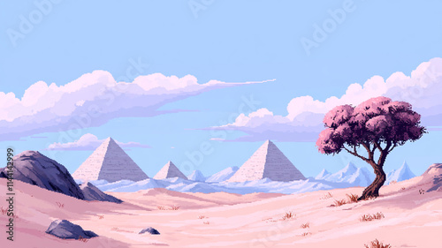 8-bit pixel art desert landscape at sunset, retro video game atmosphere with blocky, vibrant colors