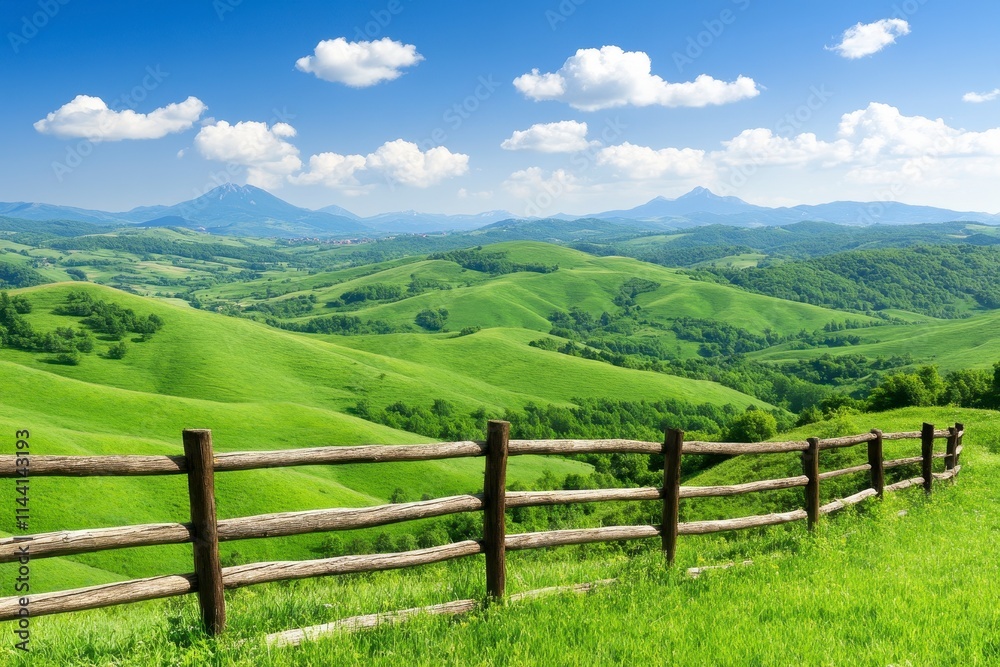 Rolling green hills and wooden fence under a blue sky. Rolling green hills and wooden fence under a blue sky.