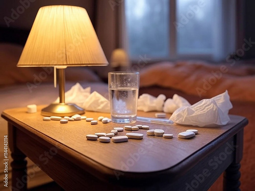 una mesa llena de pastillas blancas un vaso de agua y pañuelos. resfriado en invierno en una casa cotidiana. invierno y resfriados