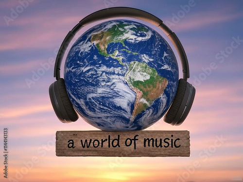 un globo terráqueo con auriculares y un cartel que dice un mundo de música con un fondo de  nubes. la musica es un mundo   