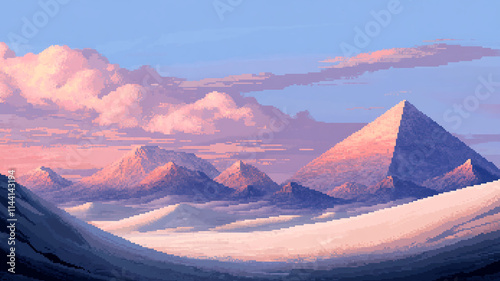 8-bit pixel art desert landscape at sunset, retro video game atmosphere with blocky, vibrant colors