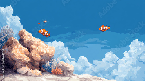 8-bit pixel art underwater scene, coral reefs, schools of fish swimming, vibrant sea creatures in simple pixel form.