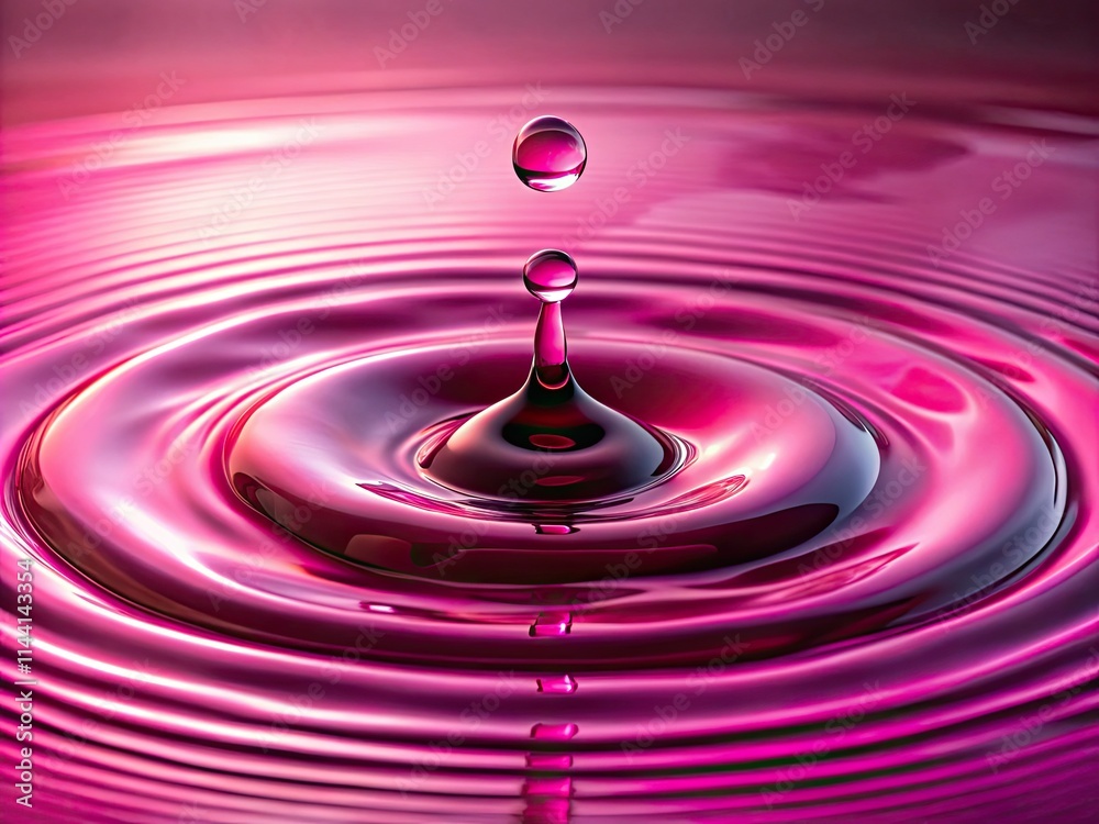 Macro close-up of a pink water droplet splashing, high depth of field showcasing ripples and falling water. Macro close-up of a pink water droplet splashing, high depth of field showcasing ripples and falling water.