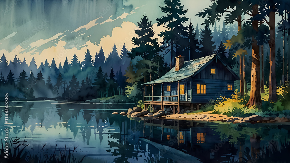Fototapeta premium Watercolor art, house in the forest by the lake in dark green tones, for background and wallpaper