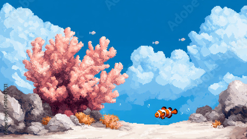 8-bit pixel art underwater scene, coral reefs, schools of fish swimming, vibrant sea creatures in simple pixel form.