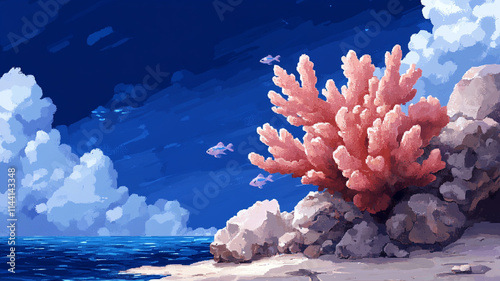 8-bit pixel art underwater scene, coral reefs, schools of fish swimming, vibrant sea creatures in simple pixel form.