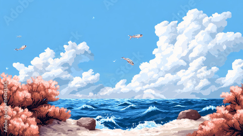 8-bit pixel art underwater scene, coral reefs, schools of fish swimming, vibrant sea creatures in simple pixel form.