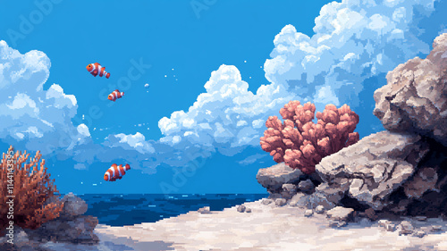 8-bit pixel art underwater scene, coral reefs, schools of fish swimming, vibrant sea creatures in simple pixel form.