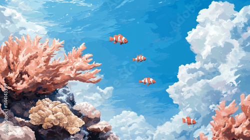 8-bit pixel art underwater scene, coral reefs, schools of fish swimming, vibrant sea creatures in simple pixel form.