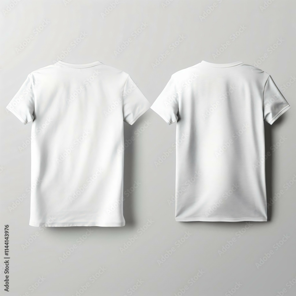 Minimalist white tshirt is showcased both front back highlighting its simple design fabric texture against light gray background Minimalist white tshirt is showcased both front back highlighting its simple design fabric texture against light gray background